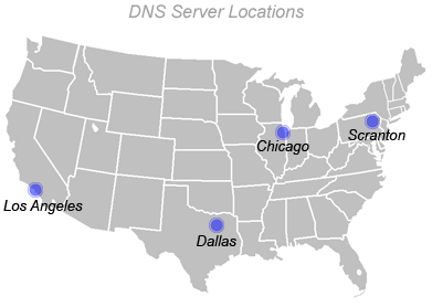 Map of  SqueakSoft's DNS servers in New York, Chicago, Dallas and Los Angeles.